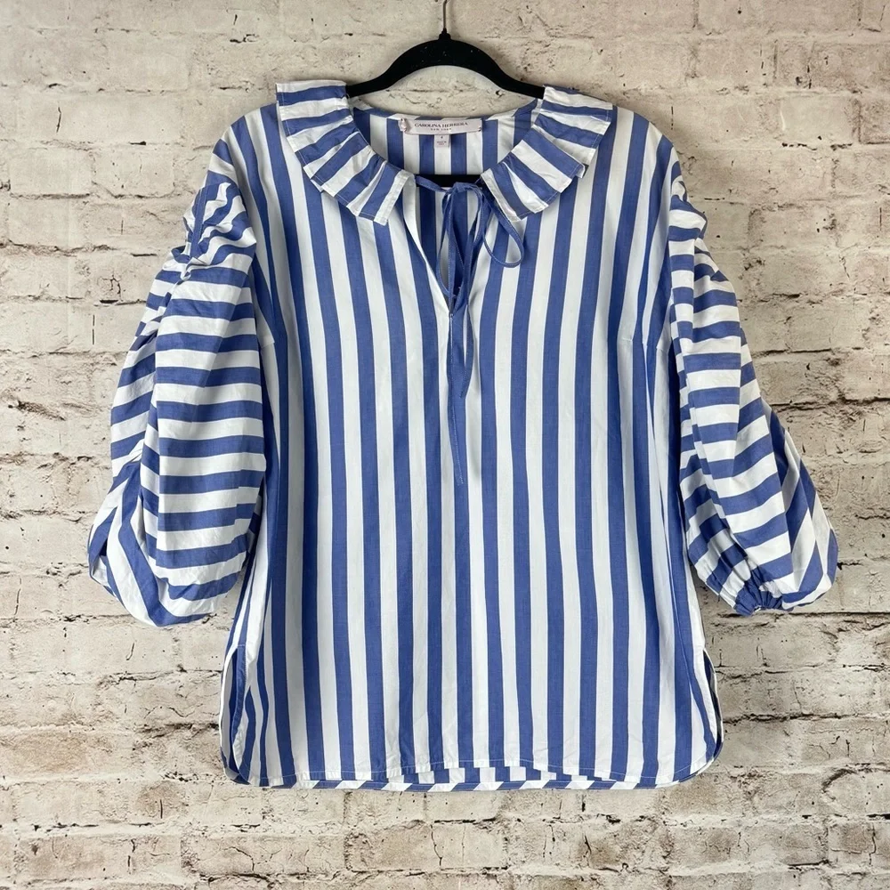 Carolina Herrera New York Size 4 Ruffled Stiped Cotton-Poplin Blouse Blue White - Picture 2 of 12